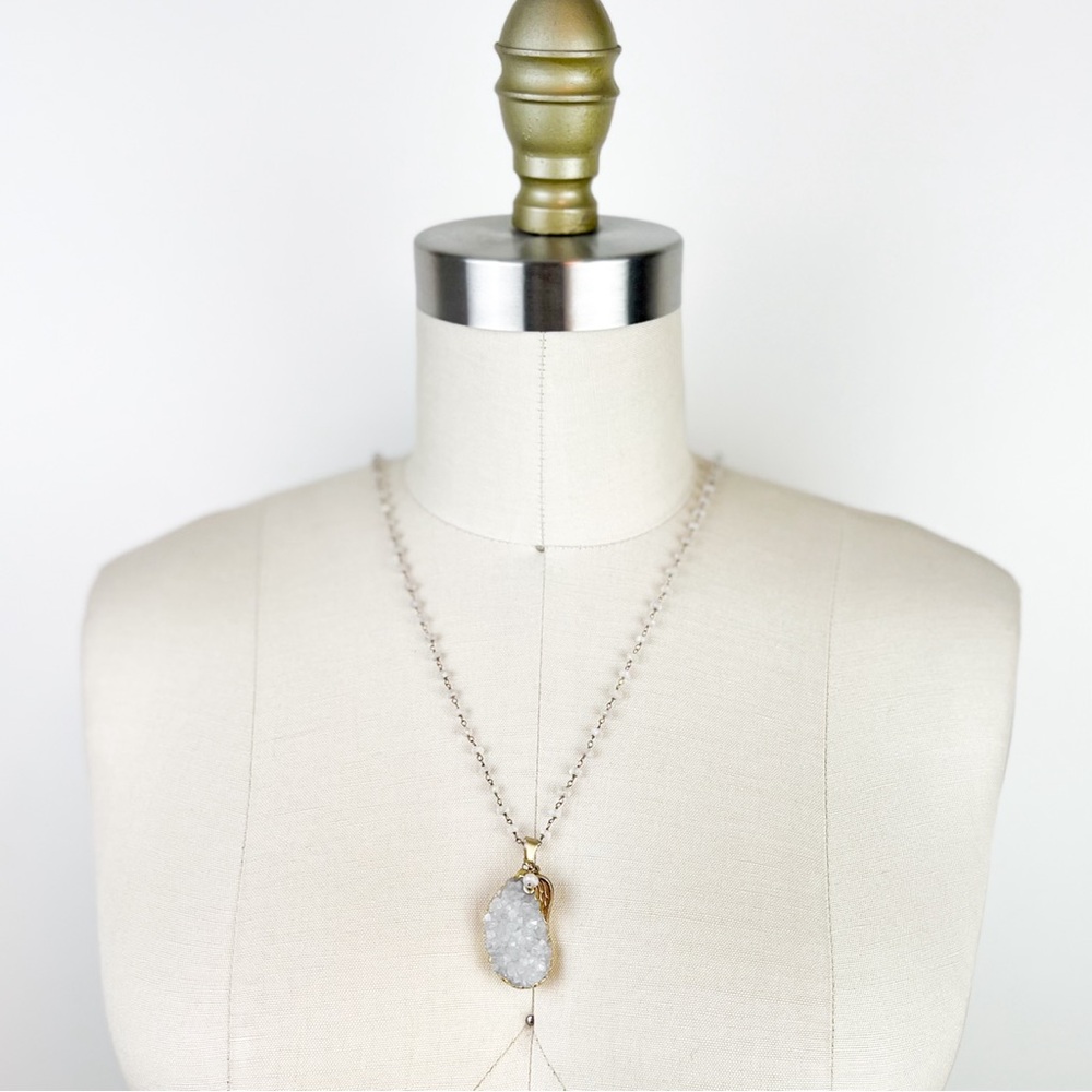 Cimber • Quartz Druzy + Moonstone Long Pendant Necklace